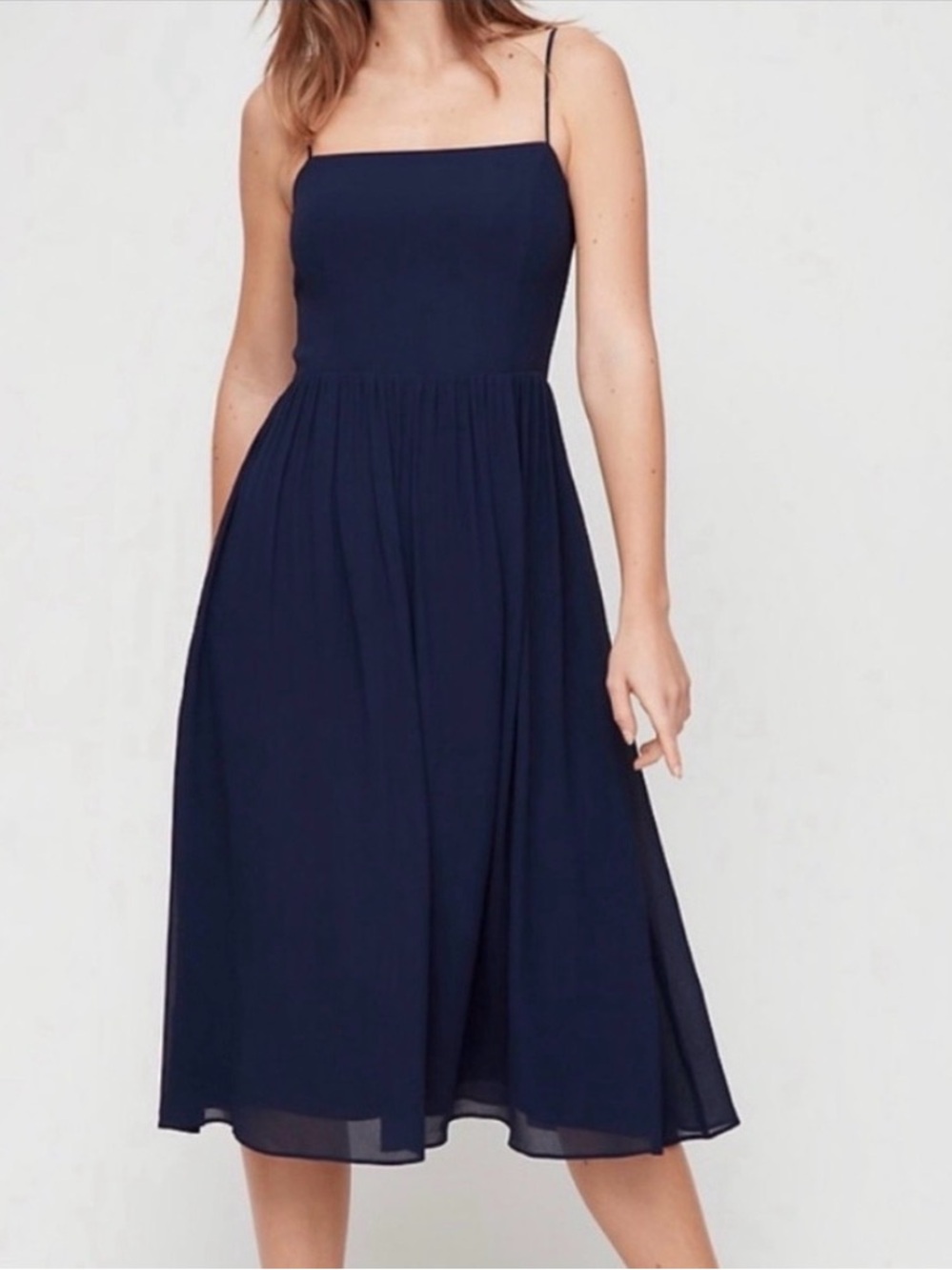 Aritzia Babaton Noel Navy Square-Neck Spaghetti-Strap Midi Dress